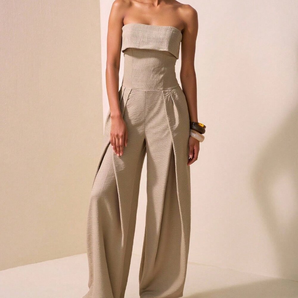 Khaki Casual Women's Halter Wide Leg Jumpsuit - Picture 5 of 7